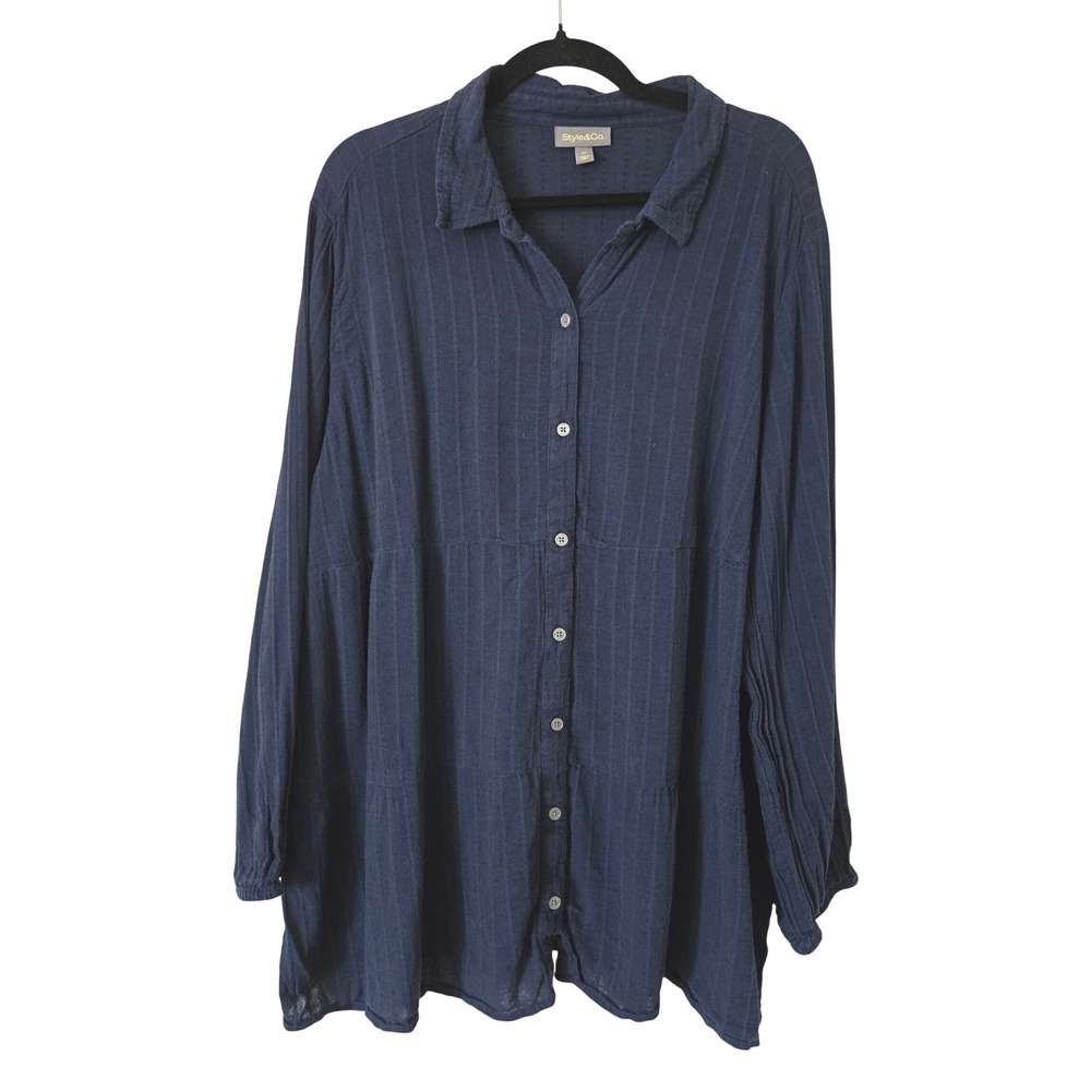 Style & Co Womens 4X Navy Blue Textured Striped Tiered Button Down‎ Tunic Top